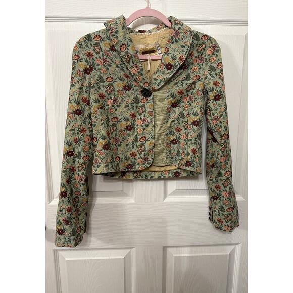 Free People Floral Cotton Ribbed Cropped One-Button Cottagecore Blazer, 4 - Picture 1 of 7